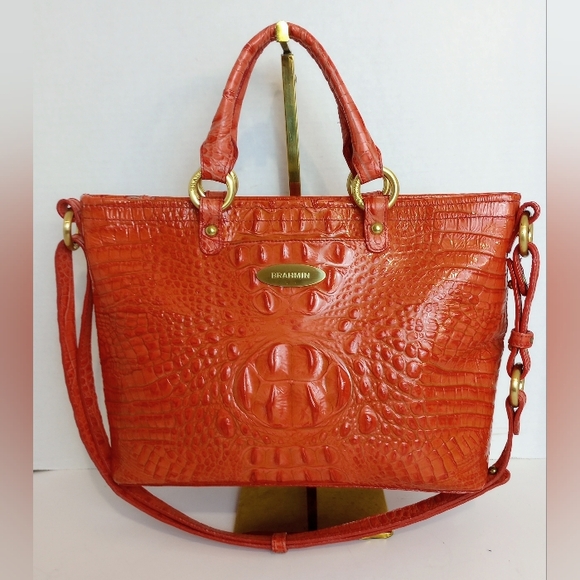 Brahmin Glossy Coral Mini Alden Croc Embossed Leather Crossbody Satchel Purse
